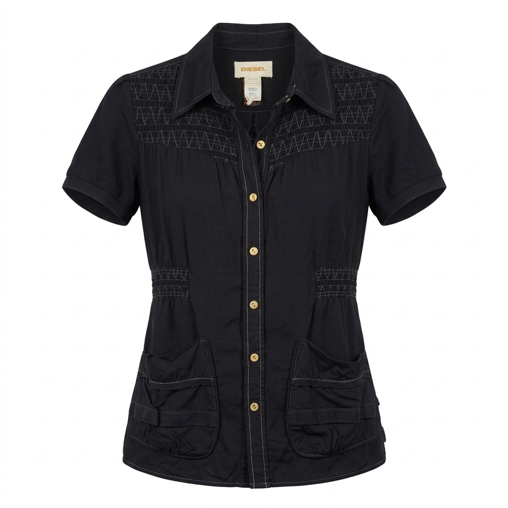 Diesel black viscose blouse with short sleeves, button front placket, smocked pa